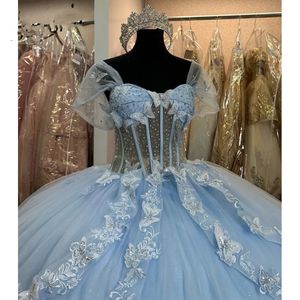 Elbise uzun top prenses quinceanera elbiseler gökyüzü mavi kelebek kapalı büyük yaylı tül korse tatlı 15 parti yarışması giyer