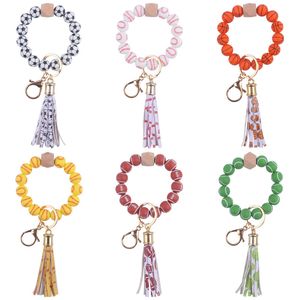 Sports silikonpärlor Keychain Football Baseball Leather Tassel handled pärlstav armband nyckelringar present Keyring Key Chains