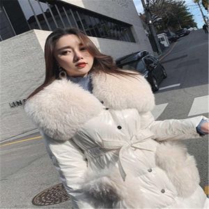 Women's Trench Coats Shiny Winter Woman Long Parka 2023 Fashion Big Fur Collar Fluff Pocket Design Down Cotton Padded Jacket Female 780