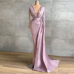 Dusty Pink Mermaid Arabic Beaded Evening Dress with Overskirt Long Sleeve Luxury Dubai Lace Appliques Prom Party Gowns