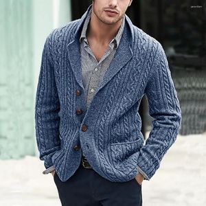 Herrtröjor män Autumn Winter Casual Sweater Coat Lapel långärmad stickad vridningstruktur Single Breasted Stick Cardigan