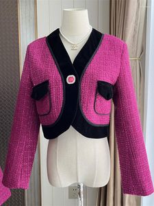 Giacche da donna Autunno Inverno Marca Gemstone Tweed Giacca corta Cappotto Donna Diamanti francesi Tasca con bottoni Colore a contrasto Abito Casaco Outwear