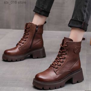 Toe Leather Women Zip Sapatos genuínos redondos com botas de plataforma de costura de lazer concisas de lazer