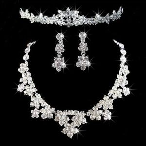 Romantisk kristall tre stycken smycken set blommor brud smycken set brud halsband örhänge krona tiaras bröllop festtillbehör zz