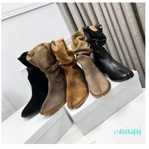 2023-Boot Split Toe Lamb Leather Pointed Chunky Heels Fashion Women Booties Luxury Dress Party Shoes Footwear Beige Black Ankle Boots