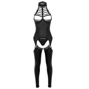 3Pcs Women Open Crotch Lingerie Set Halter Neck Bust Bra Crotchless Patent Leather Erotic Sexy Suit Cosplay Bodysuit Outfit Bras S2448
