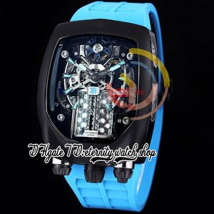 Bugatti Chiron Tourbillon AutoAmtic Mens Watch 16 اسطوانة محرك هيكل عظمي DIAL أسود PVD Steel STIP Blue Rubber Strap Super Edition Watches BU200.21.AE.AB