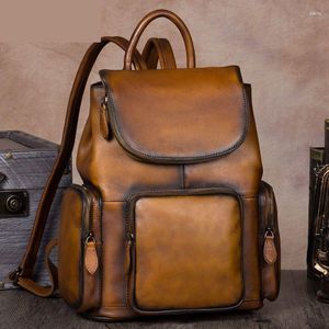 Schultaschen, Vintage-Mode, handgefertigt, hochwertiges Hauptschicht-Rindsleder, große Kapazität, Rucksack im britischen Stil, lässig, einfach für Frauen