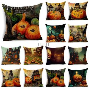 Halloween Intressant Pumpkin Lantern Series Castle Linen Throw Pillowcase Decorative Cushion Cover för SOFA Living Room Party HKD230825 HKD230825