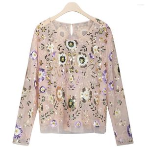 Women's Hoodies Spring Women Shirts Luxuary Vintage Embroidered Floral Sequin Bead Pearl Embellished Mesh Long Sleeve Applique Blouse Top