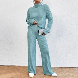 Calças femininas de duas peças Mulheres Turtleneck Tops Wide Leg Pant Set Soft Knit Lounge Camisetas Calças Terno Slouchy Confortável Cor Sólida