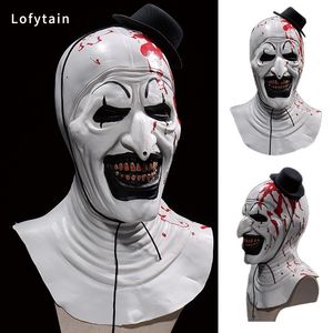 Máscaras de festa Lofytain Horror Terrifier Art The Clown Mask Cosplay Creepy Bloody Demon Evil Joker Hat Capacete de látex Halloween Party Props 230824