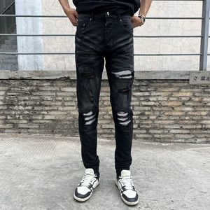 Erkekler kot caddesi moda erkekler retro siyah gri streç sıska fit yırtık beyaz deri yamalı tasarımcı hip hop marka pantolon 230825