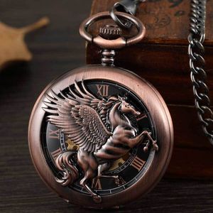 Pocket Watches Vintage Fantasy Pegasus Horse Mechanical Pocket Watch Chains Bronze Hollow Steampunk Skeleton FOB Watches For Men Gifts Reloj 230825