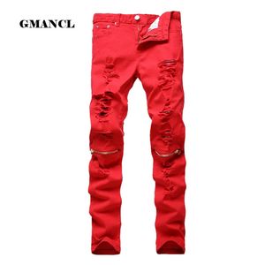 Jeans masculinos moda homens rasgados motociclista 100 algodão vermelho preto branco slim fit motocicleta skinny buraco denim joggers calças 230825