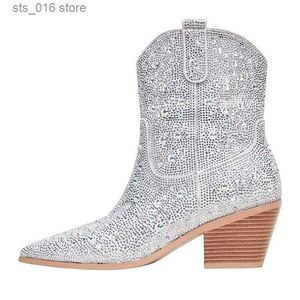 Stivali Stivali con strass per donna Stivali occidentali Scarpe eleganti da donna con tacco basso Botas De Mujer Moda Slip-on Stivali a metà polpaccio da donna T230824