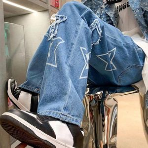 Männer Jeans Y2k Hip Hop Männer Baggy Jean American High Street Trend Star Patch Gerade Lose Vielseitig Breite Bein Hose streetwear Ropa Hombre