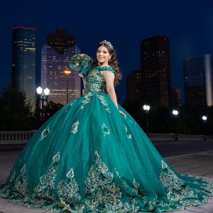 Темно -зеленая платья Quinceanera с плеча кружевной аппликации Seice Sweet 16 платье короткие рукава vestidos de 15 anos