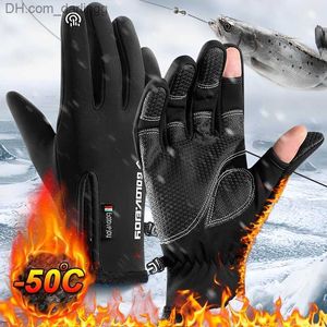 Зимние рыбацкие перчатки протекают два пальца в спортивных сенсорных экране теплые мягкие перчатки водонепроницаемые велосипедные перчатки для мужчин и женщин Q230825
