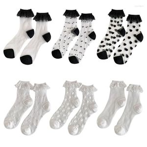 Women Socks Crew Japanese Lolitas spets ruffle frilly söt prinsessan ankel klänning kristallglas silke ren strumpa