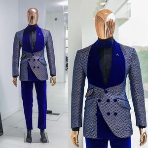 Floral Jacquard Tuxedos för män Bröllop Slim Fit Royal Blue Shawl Lapel Double Breasted Jacket 2 stycken Manlig dräkt