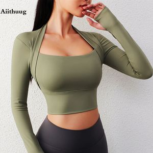 Women's T-Shirt Aiithuug Padded Yoga Shirts Long Sleeve Yoga Crop Tops Low Cut Shirts Gym Shirt Workout Gym Top Insert Pads Slim Fit Sports Sexy 230825