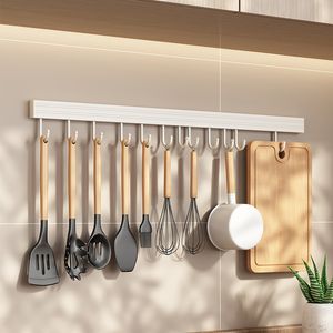 Hooks Rails Wall Mounted Kitchen Hook Rack No Punching Hangers Rail Utensils Spoon Shovel Chopping Board Storage 230824