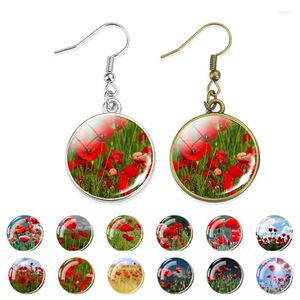 Dangle Earrings 1 Pair Summer Red Poppy Hook Fashion Glass Dome Floral Pattern Bronze Eardrop For Women Girls Jewelry