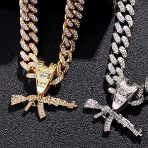 Pendanthalsband Punk Gun Crystal Necklace Iced Out Cuban Choker for Women Men Gold Silver Color Zircon Chain Hip Hop Jewelry 230613