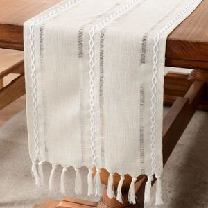 Bordslöpare Linen Table Runner Farmhouse Rustic Table Runners med tofsar For Dining Kitchen Coffee Party Dresser Decoration Lvory Green 230824