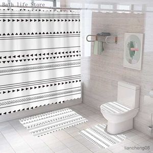 Duschvorhänge, schlichtes Schwarz-Weiß-Duschvorhang-Set, abstrakte Kunst, Streifen, Farbverlauf, Badezimmer-Dekor, rutschfester Teppich, Bademattenbezug R230825