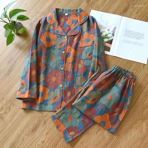 Women's Sleepwear Spring Yarn-dyed Jacquard Printed Pajamas Cotton Gauze Thin Long Sleeve Cardigan Home Clothes Loose Loungewear 2 Pieces