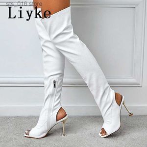 Stivali Liyke Stivali alti alla coscia sopra il ginocchio in pelle bianca Stivali sexy con punta aperta Stripper Stivaletti Moda Zip Scarpe da moto Décolleté da donna T230824