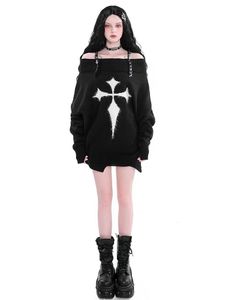 Suéteres femininos Qweek gótico harajuku punk suéter mulheres pullovers y2k goth escuro grunge fora do ombro de malha tops outono manga longa 230825