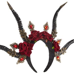 Gothic Antelope Long Horns Crown Retro Red Crystal Rose Halloween Headdress Vintage Party Headband Decors