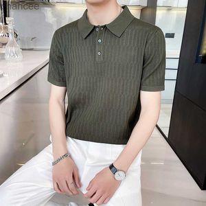 Summer Ice Silk Texture Breattable Cool Mesh Fabric Sticked High Quality Slim Fit Polo Shirt Kort ärm Solid Color T-shirt HKD230825