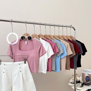 Mulheres camisetas Chic Mulheres Camisa Quadrada CollarT-shirts para Mulheres Cor Sólida Algodão Verão Tees Feminino Todo-Poderoso Coreano Moda Gota