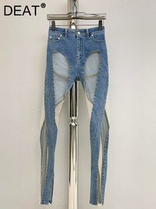 Jeans da donna DEAT Run Way Moda Donna Denim Vedi Tiro Sexy Lunghezza intera Jeans a metà buco grande Pantaloni femminili Slim WY14000L 230824