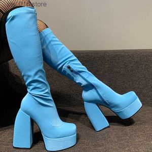 Boots Ribetrini Platform Knee High Boots for Women 2022 Block Chunky High Heels Zip On The Knee Long Boots Shoes Design T230824