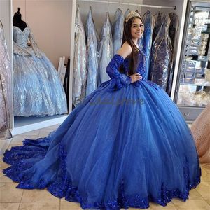 Blue Princess Sequin Quinceanera Dresses 2023 Luxe Sweetheart Tulle Birthday Dress Sparkle Charro Vestidos Para Xv Anos Sweet 15 Vestidos 15 anos Prom Wear Ball Gown