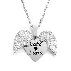 Pendant Necklaces Personalized Women Chain Necklace Custom Engraved Heart Name Openable Crystal Wings Neklace Valentine Day Gift 230825