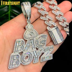 Collane con ciondolo CZ Lettere Borsa Collana con ciondolo Boyz Iced Out Bling 5A Zircone cubico Simbolo del dollaro Fascino del denaro Moda Hip Hop Gioielli da uomo 230824