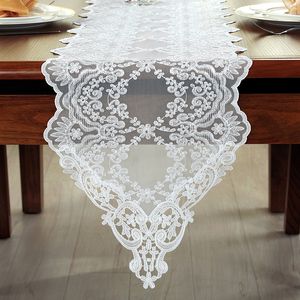 Corredor de mesa Corredor de mesa laço branco Europa bordado bandeira de mesa jacquard pano de mesa café tv armário longo toalha de mesa decoração de casamento 230824