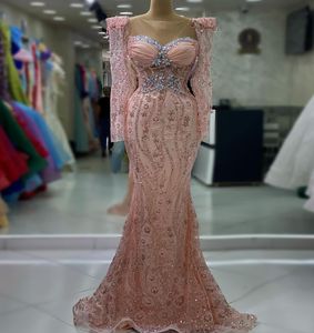 August Aso Ebi Rosa Mermaid Dress Dress Difered Crystals Evening Party Formal Festa Segunda recepção Vestidos de noivado de aniversário Vestidos Robe de Soiree ZJ716 407