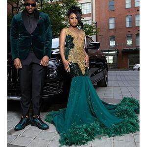 Teal Mermaid African Prom Sheer Kryształowe kryształy piórki czarne dziewczyny Nigeria szat de soiree sukienki wieczorowe suknie