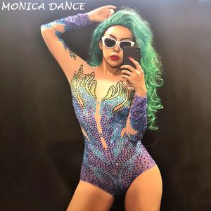 Womens Jumpsuits Rompers Stage Sparkly Rhinestones Mesh Bodysuit Party Sexy Costume Dance Show Nightclub Female Singer Wear See Through Bodysuits 230824