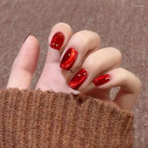False Nails Wearable Wine Red Cat's Eye Press On Square Crystal Aurora Fake Glitter Art Finished Manicure Nail Tips