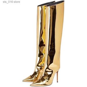 ブーツレディースキャンディーカラーミラーレザーメタリック膝の女性長いブーツ高さ12 cm先の尖ったつま先ジッパーブーツビッグサイズ34-47 T230824