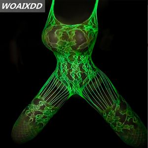 Sexy Set Luminous Sexy Lingerie Bodysuits Teddies Mulheres Malha Erótica Full Body Meias Open Crotch Elasticidade Fishnet Porno Sex Costume 230825