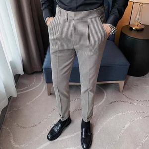 Men's Suits British Style High Waisted Plaid Suit Pants Men Fashion Casual Business Dress Office Social Wedding Groom Trousers 2023